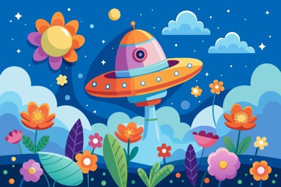 Download Spaceship Sky Cartoon with Flowers on a - Art Collection