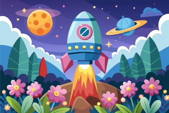 Download Spaceship Sky Cartoon with Flowers on a - Art Collection