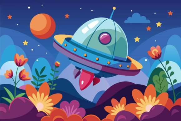 Download Spaceship Sky Cartoon with Flowers on a - Art Collection