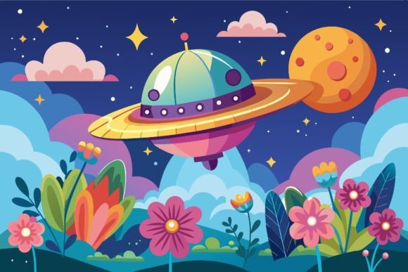 Download Spaceship Sky Cartoon with Flowers on a - Art Collection