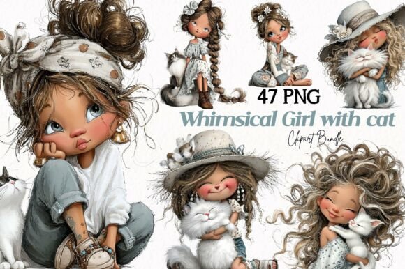 Download Whimsical Girl with Cat Clipart - Art Collection