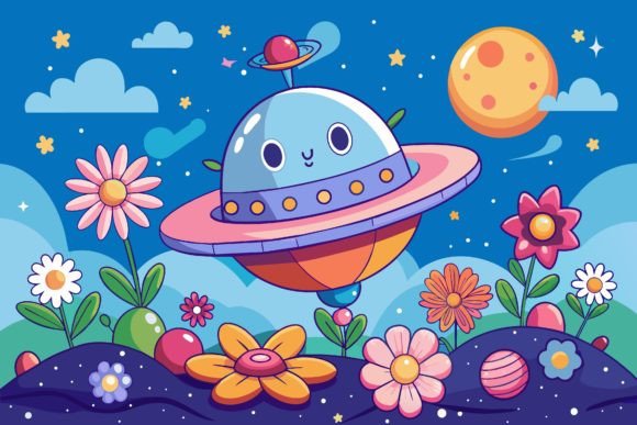 Download Spaceship Sky Cartoon with Flowers on a - Art Collection